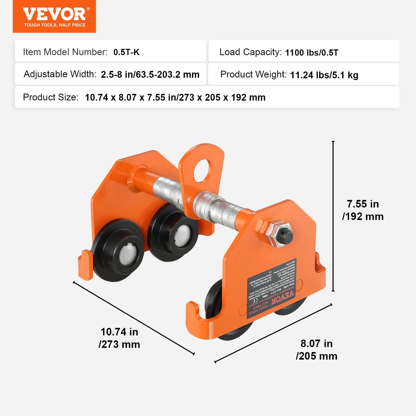 VEVOR 0.5/1/2/3/5 Ton Manual Push Beam Trolley with Dual Wheels Adjustable for Straight Curved I-Beam Flange Width 2.5" to 8"