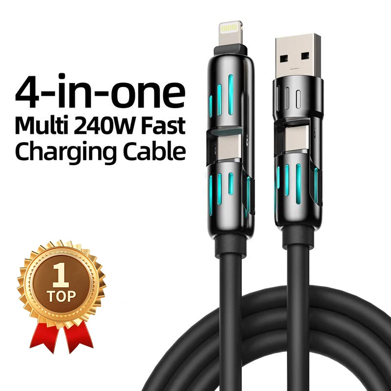 240W 4 in 1 Functional Super Fast Charge USB Type C Liquid Silicone Aluminum Alloy Data Cable For iPhone Huawei Samsung Xiaomi